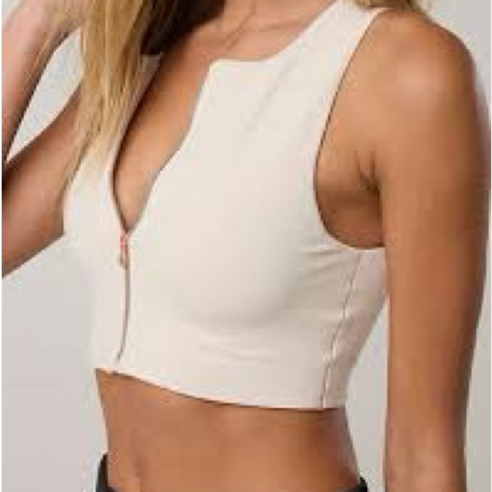 aerie Light Beige Front-Zip Longline Sports Bra